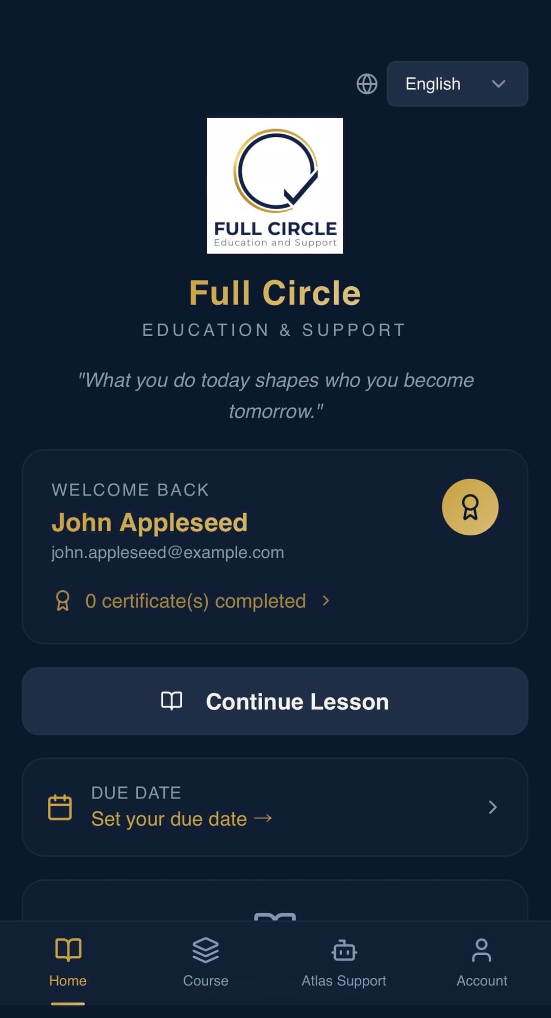 Full Circle Courses app home dashboard showing course progress, deadlines, and quick access to enrolled court-ordered courses